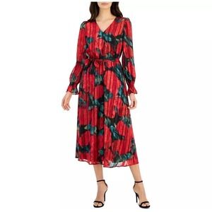 Anne Klein Women's Red Floral V-neck  Belted Midi Dress Size 10